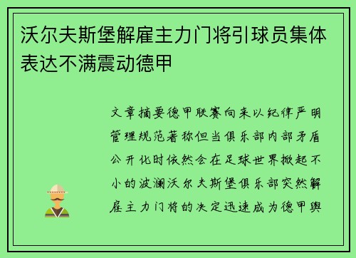 沃尔夫斯堡解雇主力门将引球员集体表达不满震动德甲